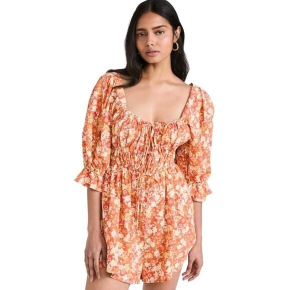Free People Romper Show Me Love Floral Pockets Smocked Boho Linen Blend Sz Small - Picture 1 of 14